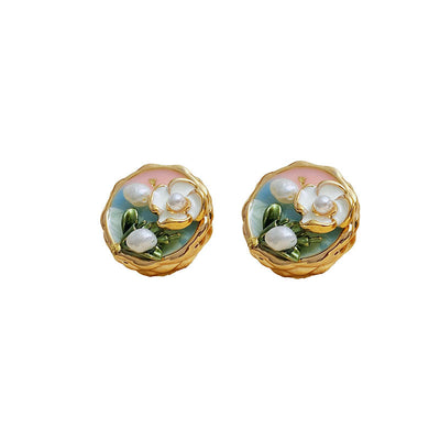 Oil Painting Flower Natural Freshwater Pearl Necklace Earrings