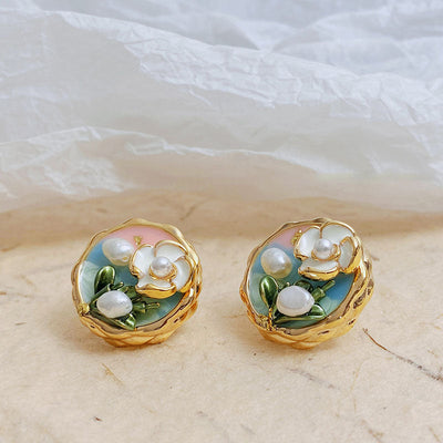 Oil Painting Flower Natural Freshwater Pearl Necklace Earrings