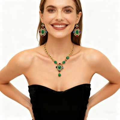 18K Gold Green Agate Necklace & Earrings Set