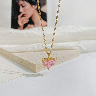 Pink heart natural crystal necklace