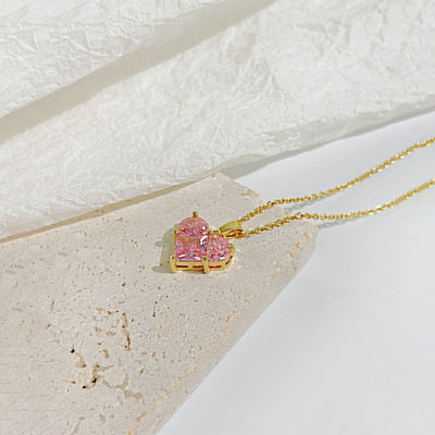 Pink heart natural crystal necklace