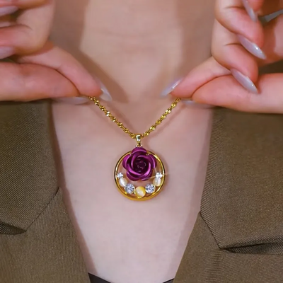 Purple flower natural cat's eye necklace