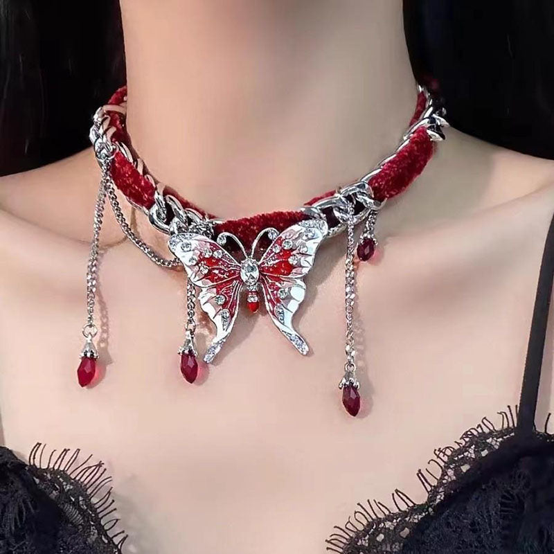 Velvet butterfly tassel necklace