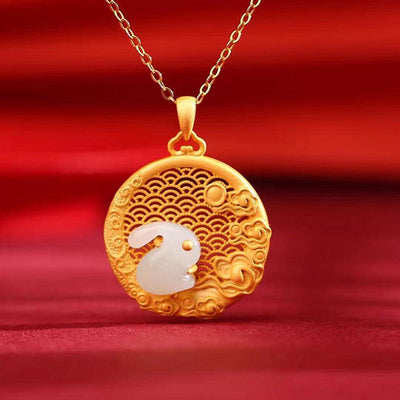 Lucky Cloud Rabbit Natural Emerald Jade Stone Necklace