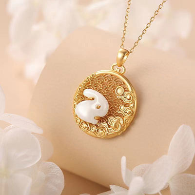 Lucky Cloud Rabbit Natural Emerald Jade Stone Necklace