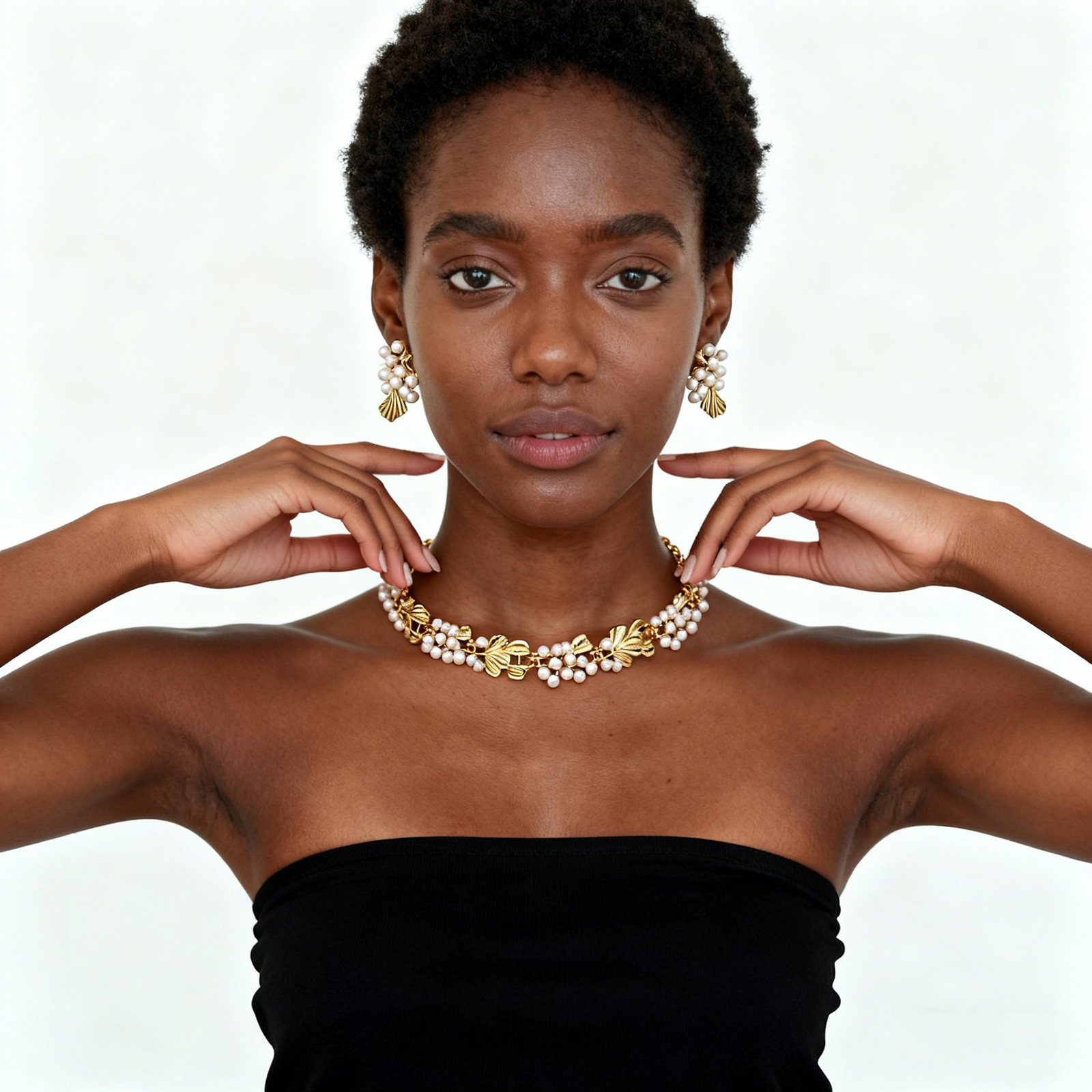 18K Gold Pearl Flower Necklace & Earring Set