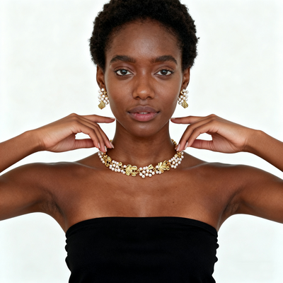 18K Gold Pearl Flower Necklace & Earring Set