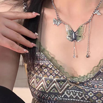 Green Butterfly Tassel Chain Necklace