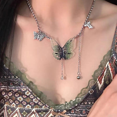Green Butterfly Tassel Chain Necklace