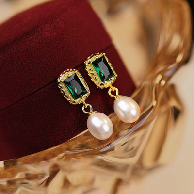 Emerald Zircon Freshwater Pearl Stud Earrings