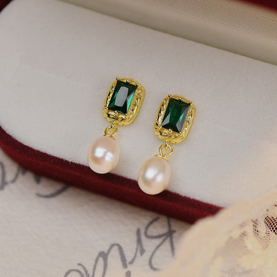 Emerald Zircon Freshwater Pearl Stud Earrings