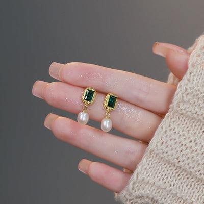 Emerald Zircon Freshwater Pearl Stud Earrings