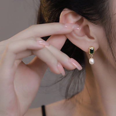 Emerald Zircon Freshwater Pearl Stud Earrings