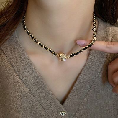 Black leather rhinestone magnetic necklace