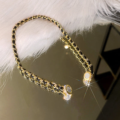 Black leather rhinestone magnetic necklace
