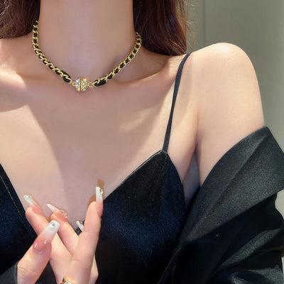 Black leather rhinestone magnetic necklace