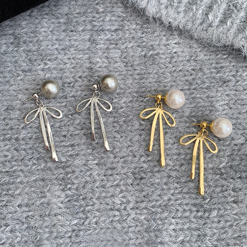 Pearl Bow Tassel Stud Earrings