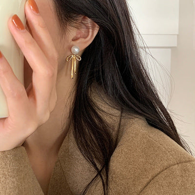 Pearl Bow Tassel Stud Earrings