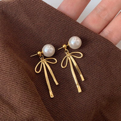 Pearl Bow Tassel Stud Earrings