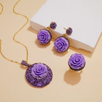 Rose flower earrings ring necklace set