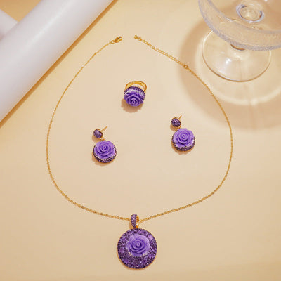 Rose flower earrings ring necklace set