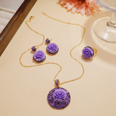 Rose flower earrings ring necklace set