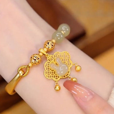 Lucky Bunny Lock Natural Emerald Jade Stone Bracelet