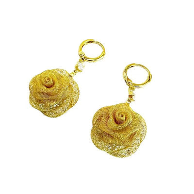 Golden mesh rose earrings