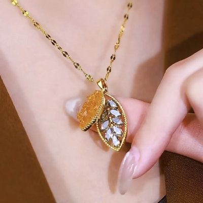 Natural crystal necklace with leaf pendant