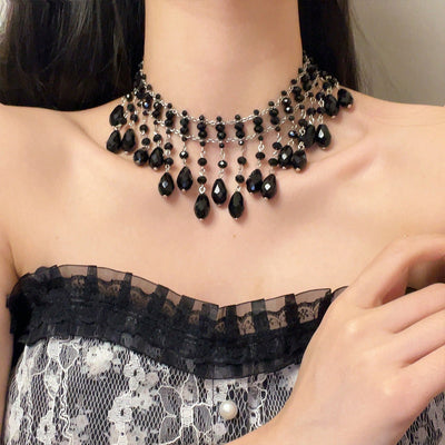 Black water drop tassel necklace
