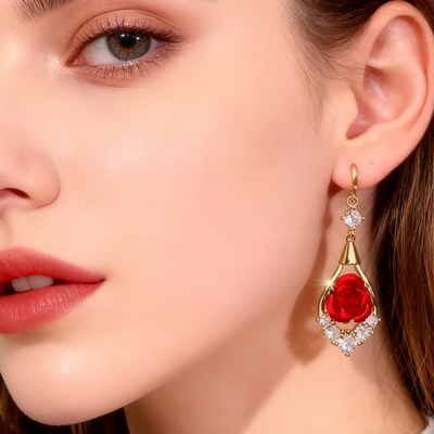 18K Gold Diamond-Set Red Rose Earrings