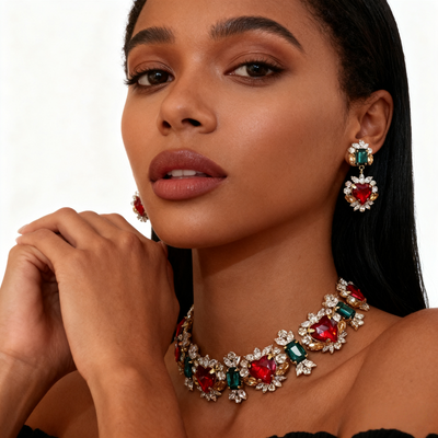 18K Gold Red and Blue Crystal Necklace & Earring