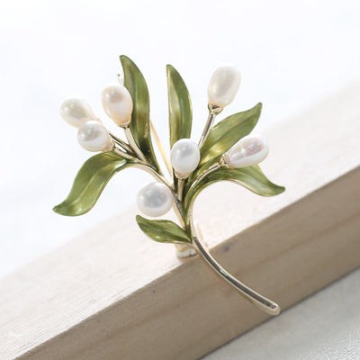 Olive branch natural freshwater pearl brooch