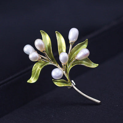 Olive branch natural freshwater pearl brooch