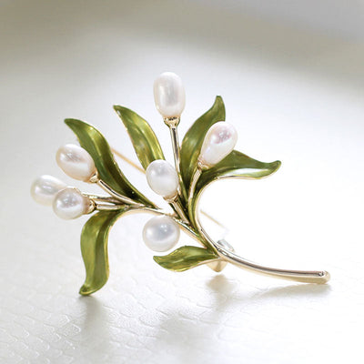 Olive branch natural freshwater pearl brooch