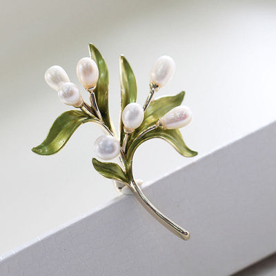 Olive branch natural freshwater pearl brooch