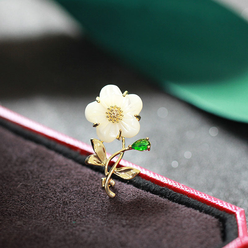 Natural white fritillary carved flower brooch