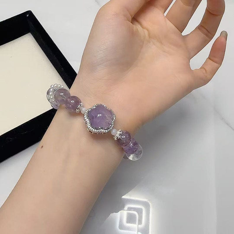 Five-petal Natural Crystal Round Bead Bracelet