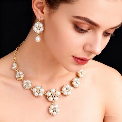 18K Gold Pearl & Diamond Cluster Necklace & Earring Set