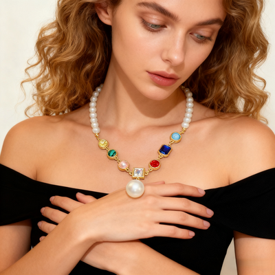 Multicolor Crystal & Pearl Necklace