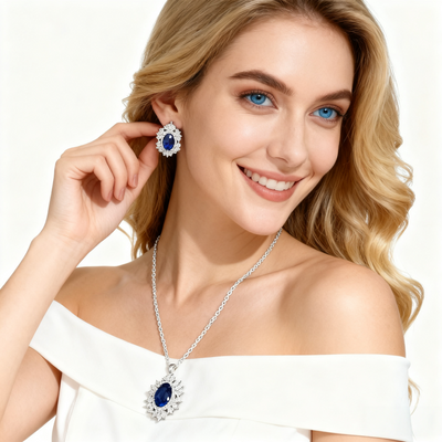 925 Silver Aquamarine Necklace & Earring Set