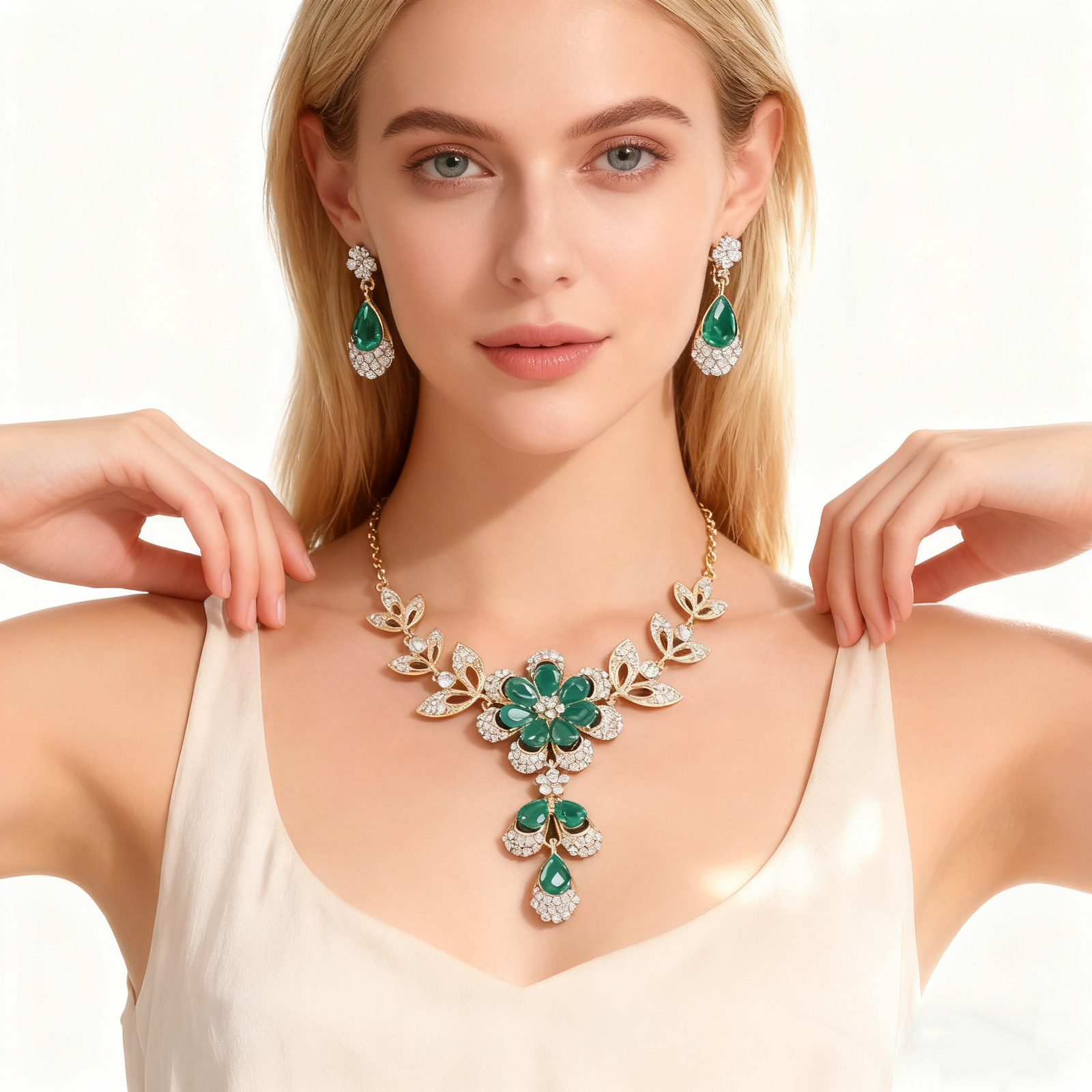 18K Gold Diamond & Agate Necklace & Earring Set