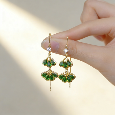 Emerald Ginkgo Leaf Tassel Earrings