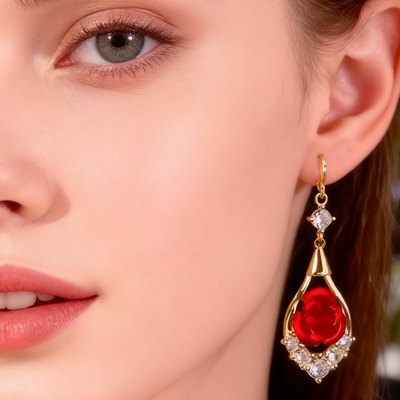 18K Gold Diamond-Set Red Rose Earrings