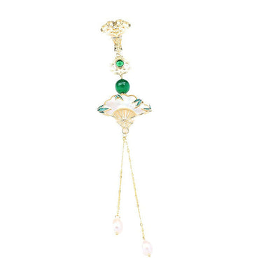 Bamboo Leaf Fan Pearl Tassel Brooch