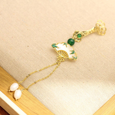 Bamboo Leaf Fan Pearl Tassel Brooch