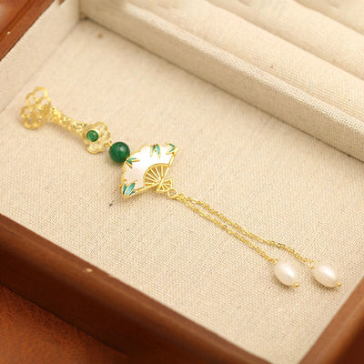 Bamboo Leaf Fan Pearl Tassel Brooch