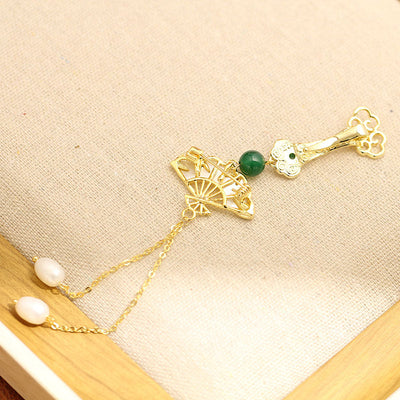 Bamboo Leaf Fan Pearl Tassel Brooch