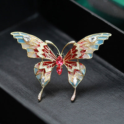 Butterfly red and blue natural crystal brooch
