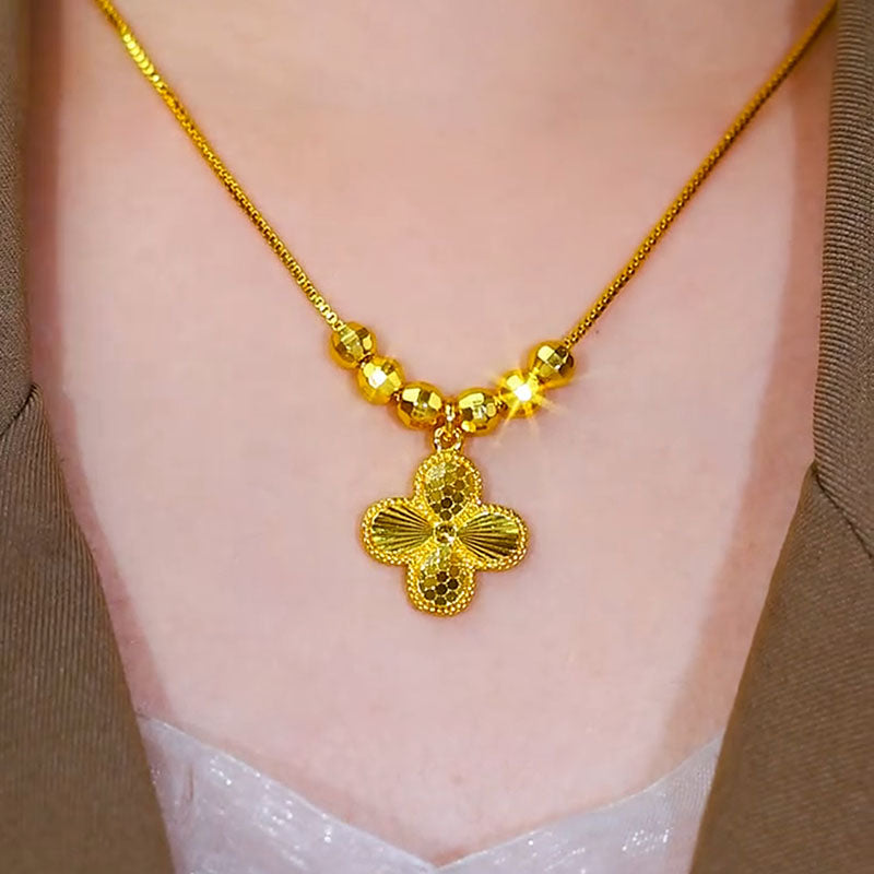 Four-leaf flower gold bead necklace